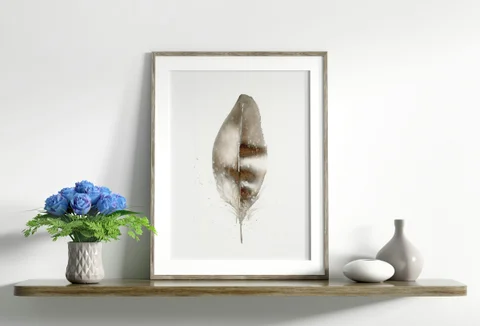 Image of a feather watercolor painting by Shayna Larsen, originals & prints available