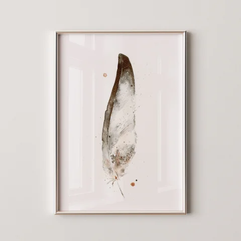 Image of a feather watercolor painting by Shayna Larsen, originals & prints available