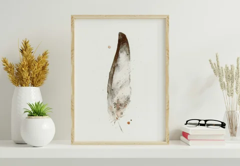Image of a feather watercolor painting by Shayna Larsen, originals & prints available