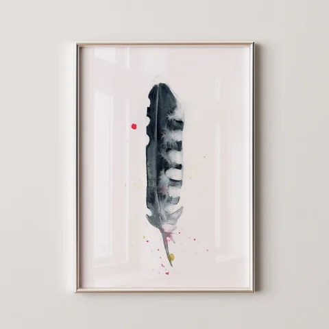 Image of a feather watercolor painting by Shayna Larsen, originals & prints available