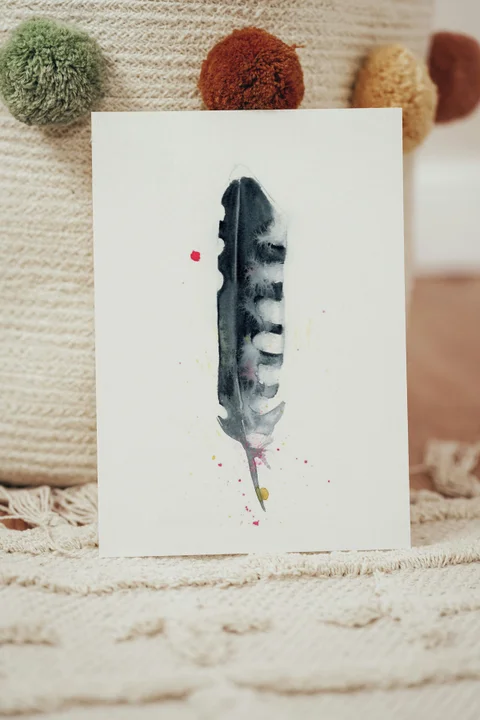 Image of a feather watercolor painting by Shayna Larsen, originals & prints available