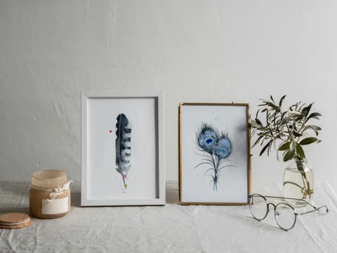 Image of a feather watercolor painting by Shayna Larsen, originals & prints available