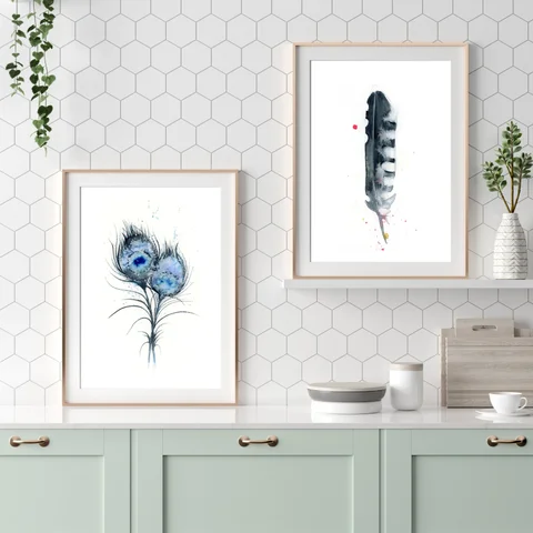 Image of a feather watercolor painting by Shayna Larsen, originals & prints available