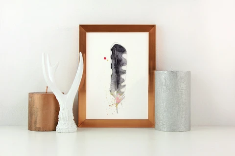 Image of a feather watercolor painting by Shayna Larsen, originals & prints available