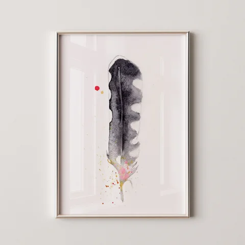 Image of a feather watercolor painting by Shayna Larsen, originals & prints available