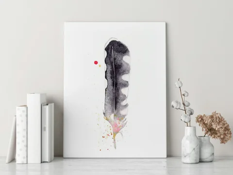 Image of a feather watercolor painting by Shayna Larsen, originals & prints available