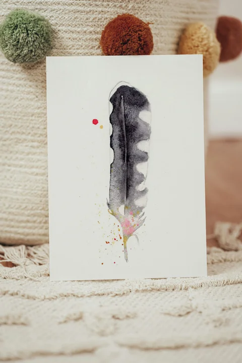 Image of a feather watercolor painting by Shayna Larsen, originals & prints available