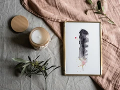 Image of a feather watercolor painting by Shayna Larsen, originals & prints available