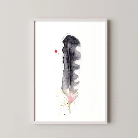 Image of a feather watercolor painting by Shayna Larsen, originals & prints available