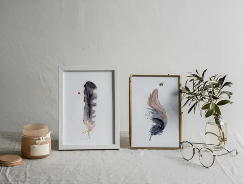 Image of a feather watercolor painting by Shayna Larsen, originals & prints available
