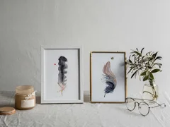 Image of a feather watercolor painting by Shayna Larsen, originals & prints available