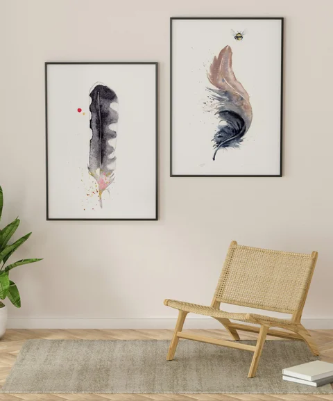 Image of a feather watercolor painting by Shayna Larsen, originals & prints available