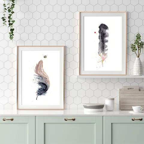 Image of a feather watercolor painting by Shayna Larsen, originals & prints available
