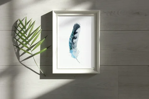 Image of a feather watercolor painting by Shayna Larsen, originals & prints available