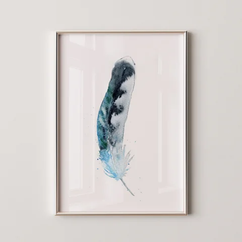 Image of a feather watercolor painting by Shayna Larsen, originals & prints available