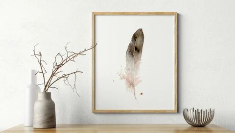 Image of a feather watercolor painting by Shayna Larsen, originals & prints available