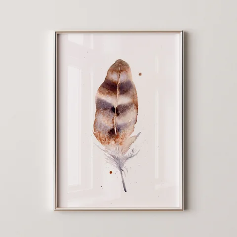 Image of a feather watercolor painting by Shayna Larsen, originals & prints available