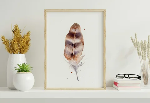 Image of a feather watercolor painting by Shayna Larsen, originals & prints available