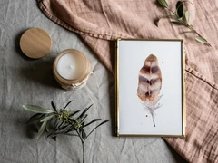 Image of a feather watercolor painting by Shayna Larsen, originals & prints available