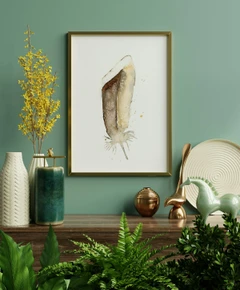 Image of a feather watercolor painting by Shayna Larsen, originals & prints available