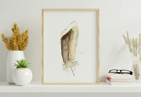 Image of a feather watercolor painting by Shayna Larsen, originals & prints available