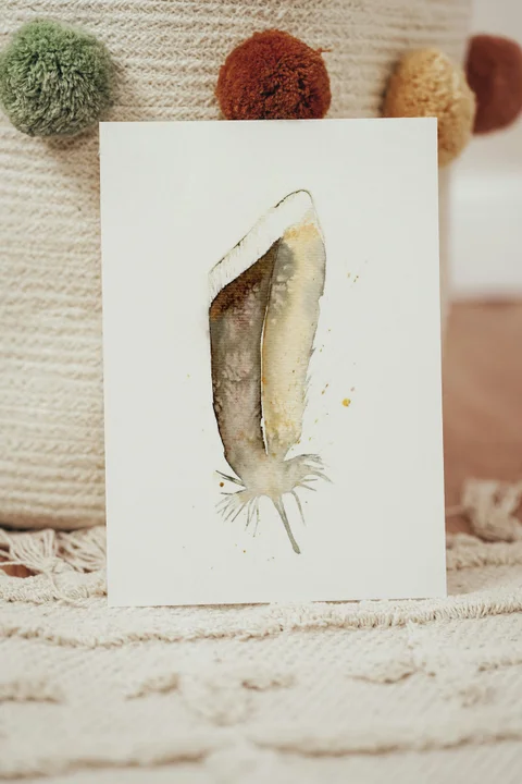 Image of a feather watercolor painting by Shayna Larsen, originals & prints available