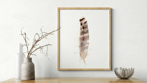 Image of a feather watercolor painting by Shayna Larsen, originals & prints available