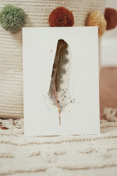Image of a feather watercolor painting by Shayna Larsen, originals & prints available