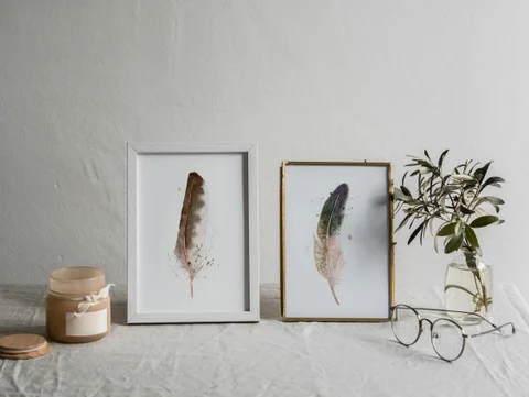 Image of a feather watercolor painting by Shayna Larsen, originals & prints available