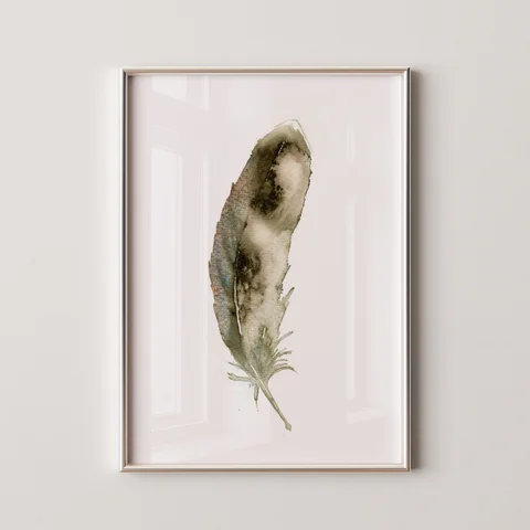 Image of a feather watercolor painting by Shayna Larsen, originals & prints available