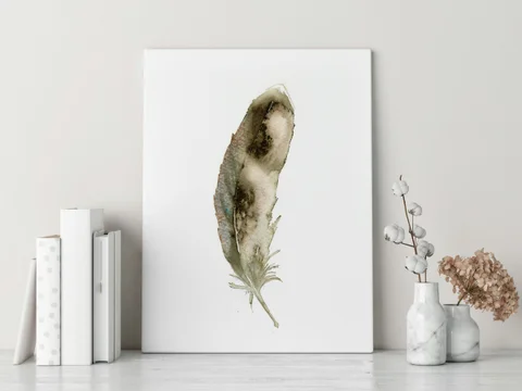 Image of a feather watercolor painting by Shayna Larsen, originals & prints available