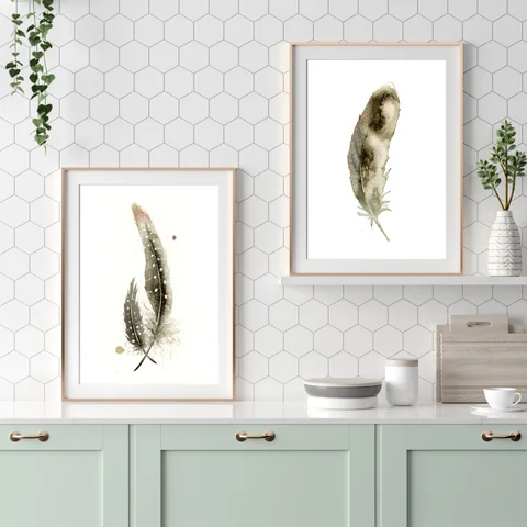 Image of a feather watercolor painting by Shayna Larsen, originals & prints available