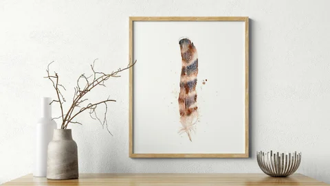 Image of a feather watercolor painting by Shayna Larsen, originals & prints available