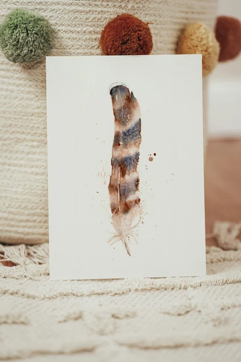 Image of a feather watercolor painting by Shayna Larsen, originals & prints available
