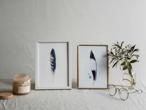 Image of a feather watercolor painting by Shayna Larsen, originals & prints available