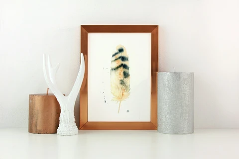 Image of a feather watercolor painting by Shayna Larsen, originals & prints available