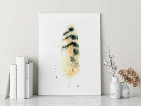 Image of a feather watercolor painting by Shayna Larsen, originals & prints available