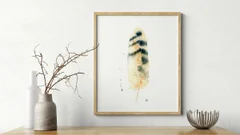 Image of a feather watercolor painting by Shayna Larsen, originals & prints available