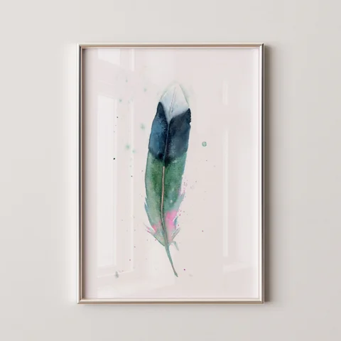 Image of a feather watercolor painting by Shayna Larsen, originals & prints available