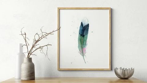 Image of a feather watercolor painting by Shayna Larsen, originals & prints available