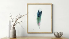 Image of a feather watercolor painting by Shayna Larsen, originals & prints available