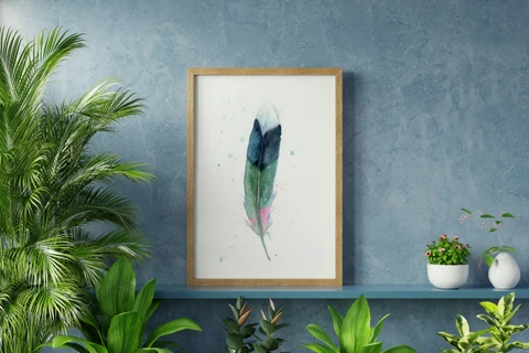 Image of a feather watercolor painting by Shayna Larsen, originals & prints available