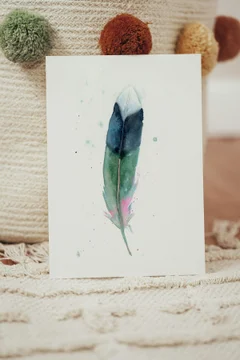 Image of a feather watercolor painting by Shayna Larsen, originals & prints available