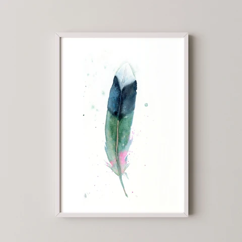 Image of a feather watercolor painting by Shayna Larsen, originals & prints available