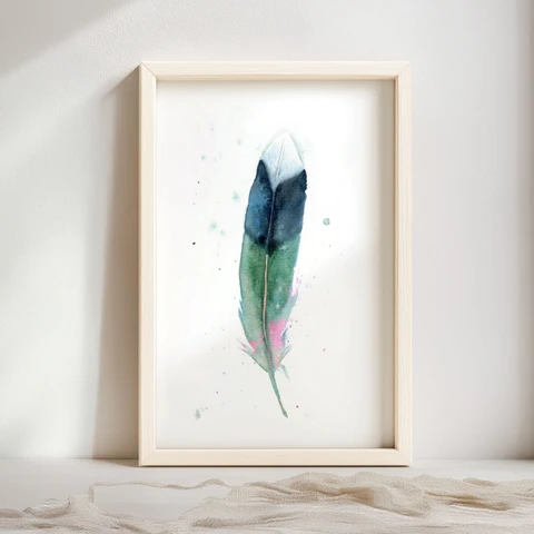 Image of a feather watercolor painting by Shayna Larsen, originals & prints available