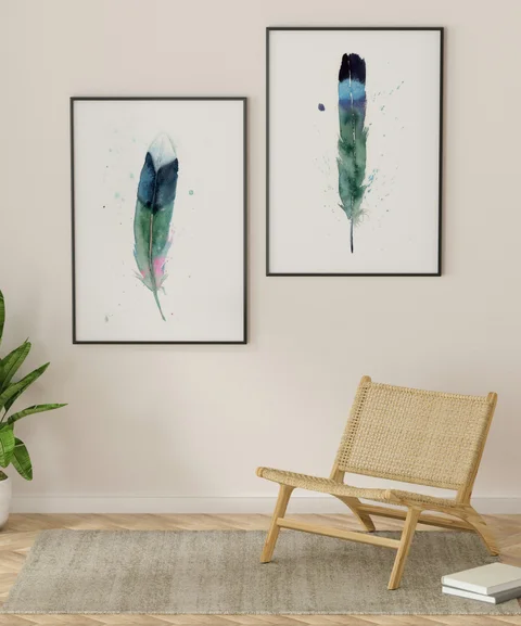 Image of a feather watercolor painting by Shayna Larsen, originals & prints available