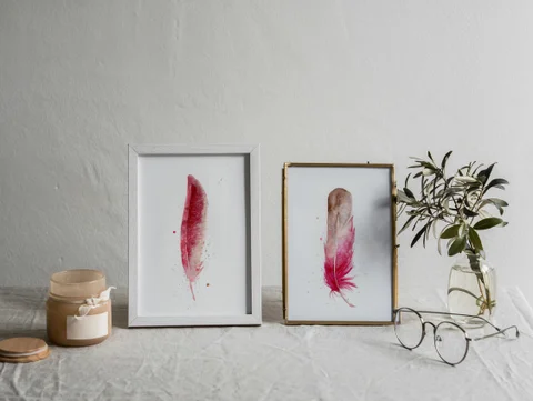 Image of a feather watercolor painting by Shayna Larsen, originals & prints available