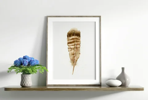 Image of a feather watercolor painting by Shayna Larsen, originals & prints available