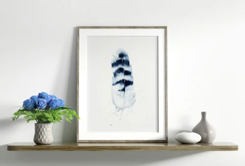 Image of a feather watercolor painting by Shayna Larsen, originals & prints available
