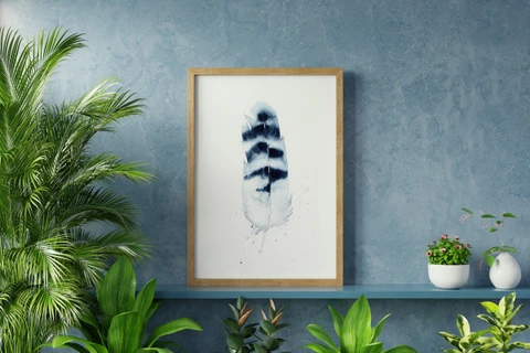 Image of a feather watercolor painting by Shayna Larsen, originals & prints available